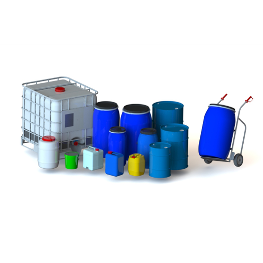 3D-Paket: Lager- und Transportlösungen für Flüssigkeiten, Stahlfass, Weithalsfass, IBC-Container, Kanister uvm.