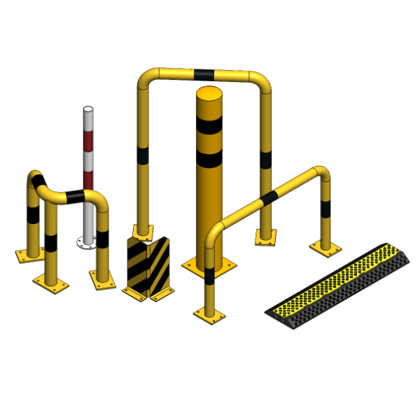 3D-Paket: Konfigurierbare Schutzeinrichtungen, Rammschutz, Schutzpoller, Pfostenschutz, Kabelbrücke uvm.