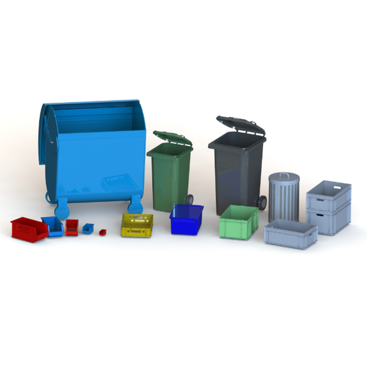 3D-Paket: Abfallbehälter und Kisten, Lagerboxen, Umleerbehälter uvm.